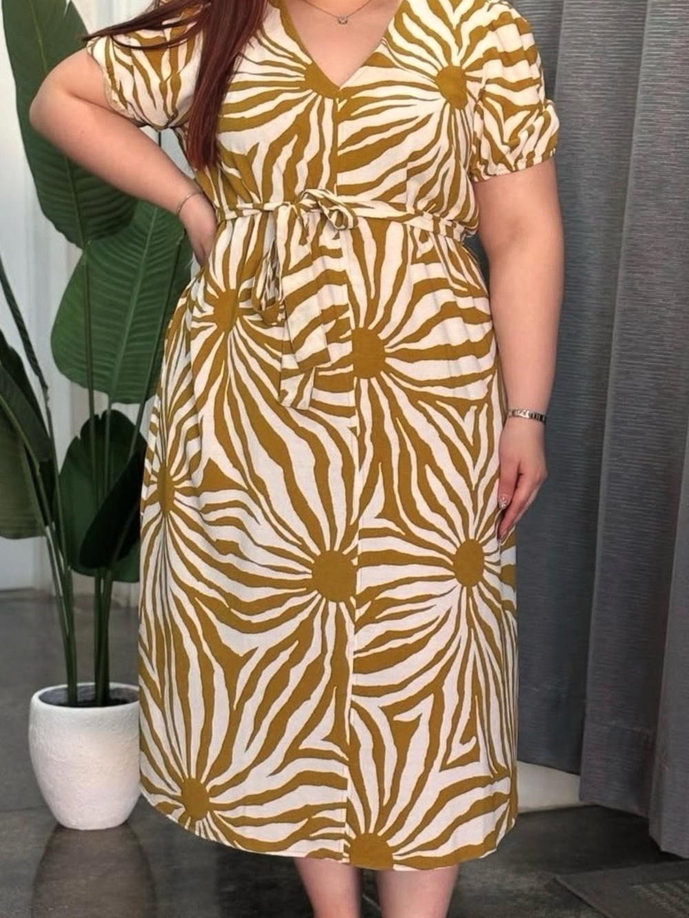 Fred David Mustard and White Floral Midi Dress